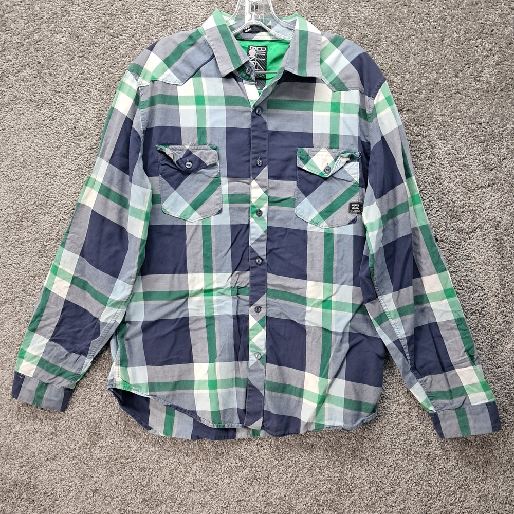 Billabong Mens Plaid Long Sleeve Western Button Down Shirt Green Blue Size‎ M